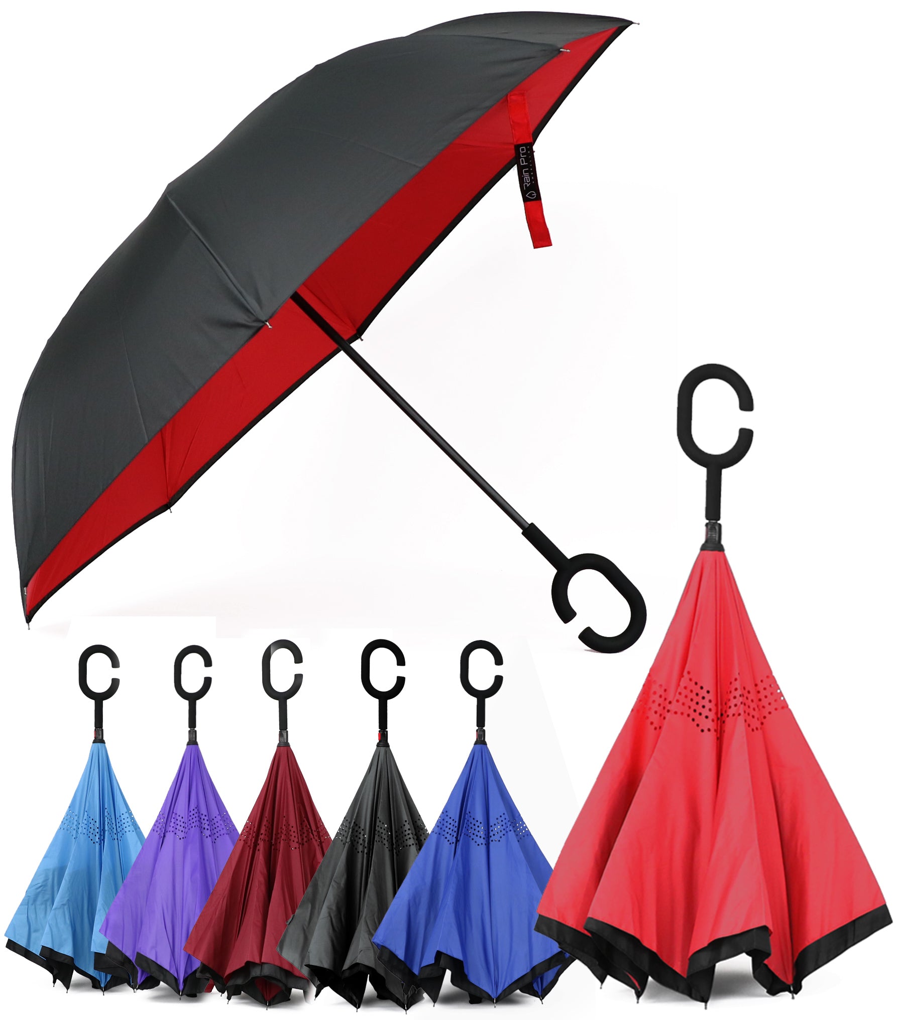 Rain Pro Reverse Folding Inverted Umbrella Windproof UV Protection with C-Shaped Handle