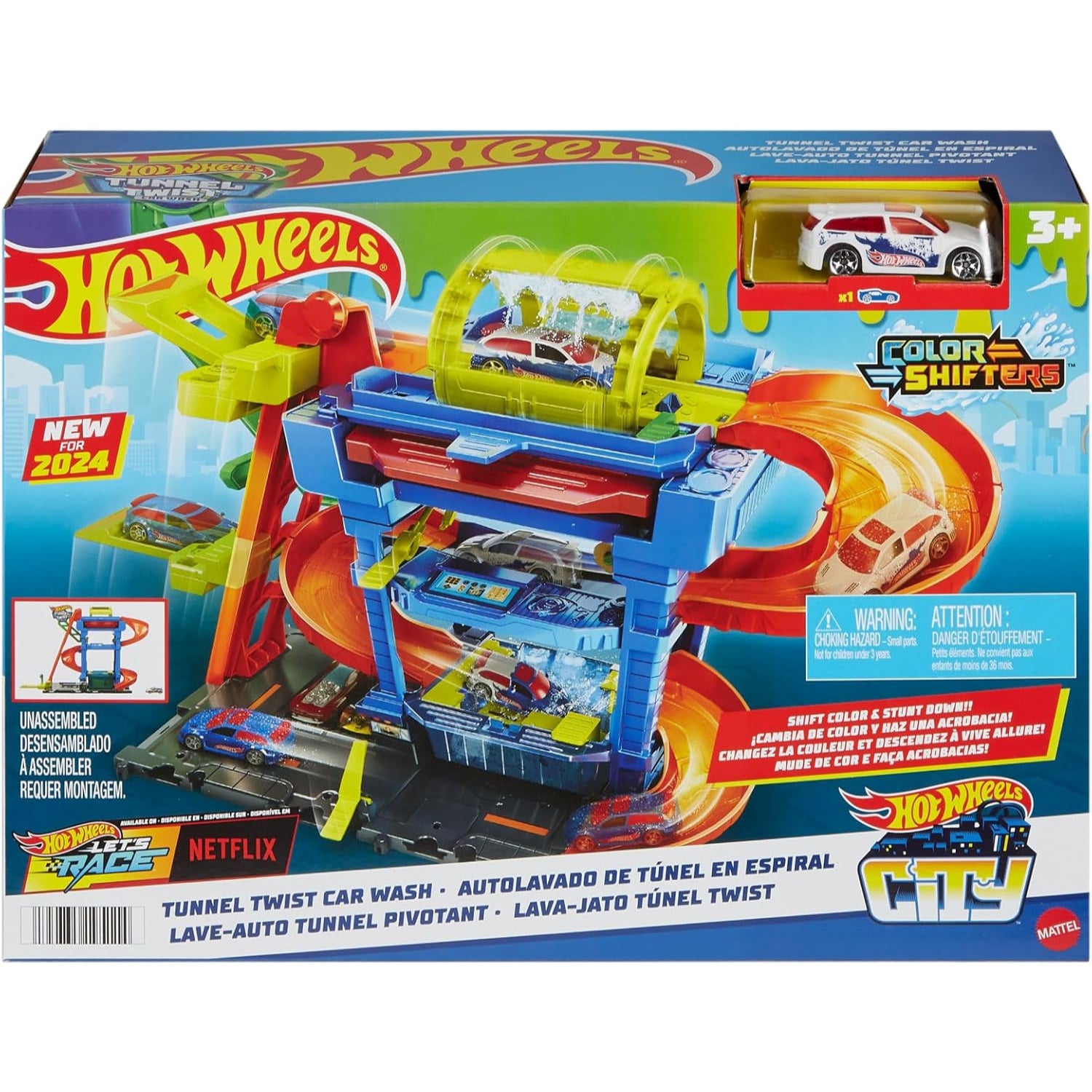 Hot Wheels Let's Race Tunnel Twist Car Wash, Colour Changing Tunnel Car Wash with 1 Colour Changing Vehicle in 1:64 Scale