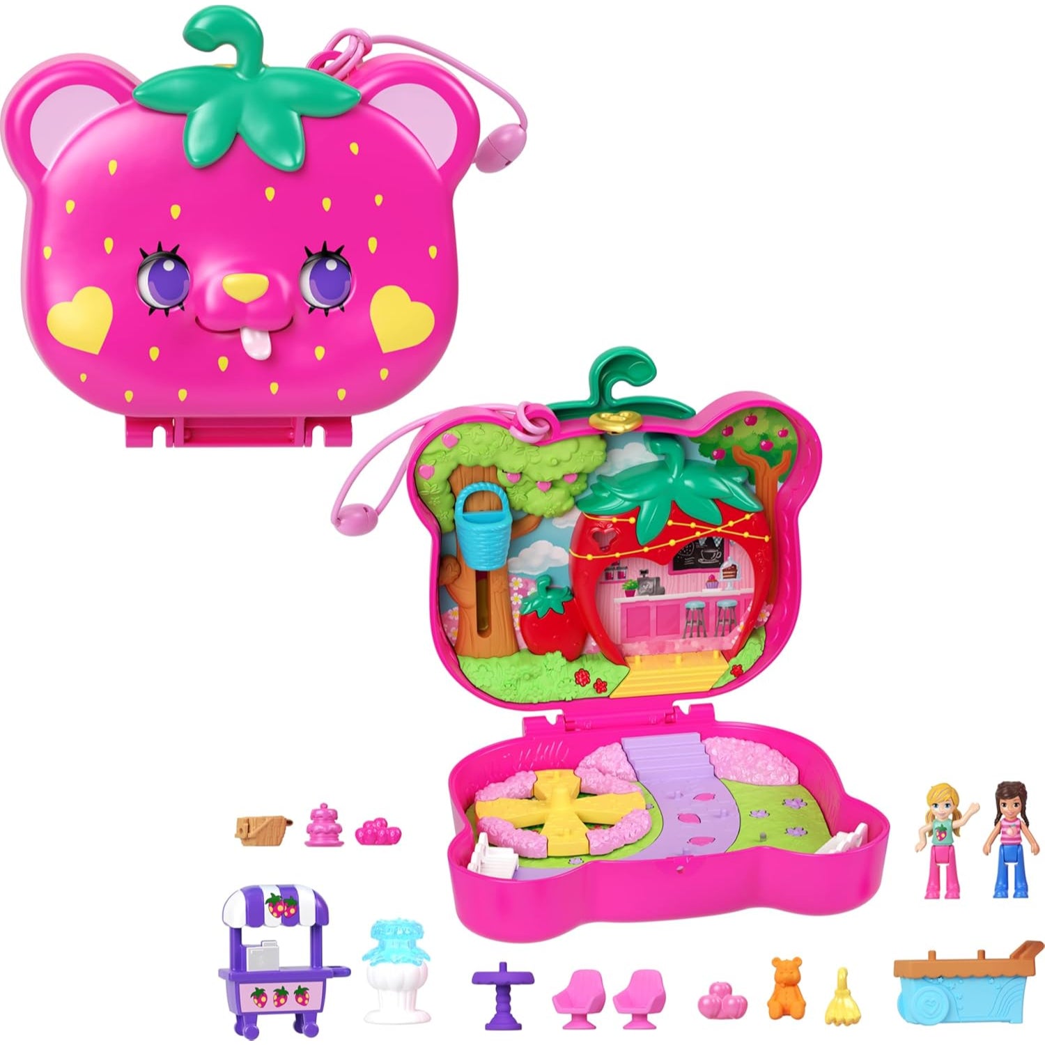 Mattel Polly Pocket Dolls & Playset, Straw-Beary Patch Compact with 2 Micro Dolls & 12 Accessories