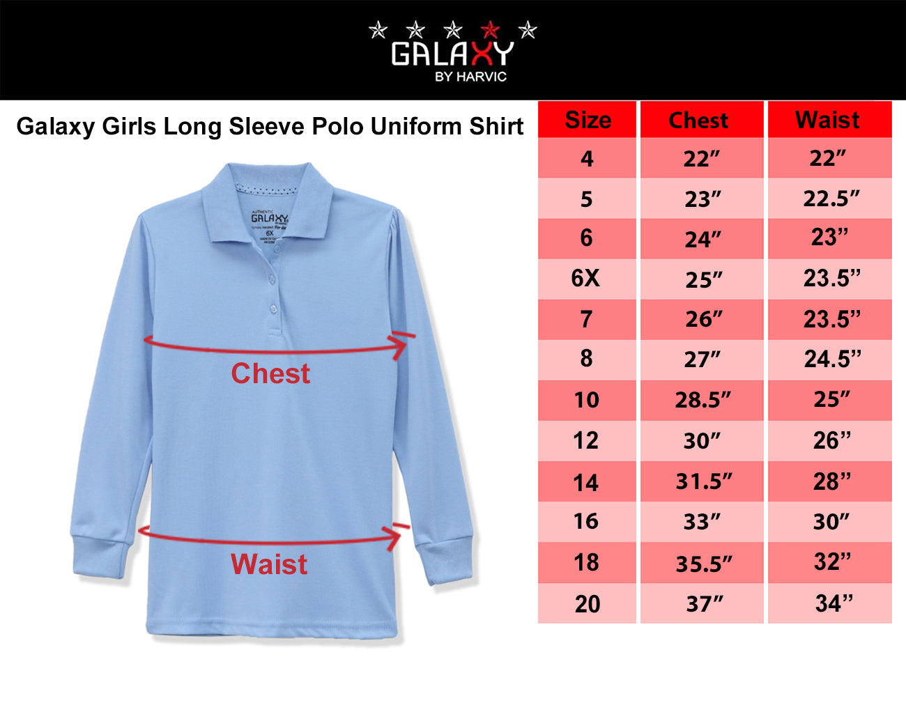 Galaxy Girls 7-20 Long Sleeve Polo School Uniform Shirt