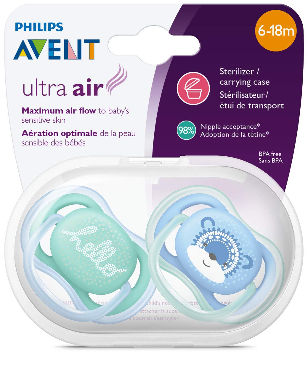 Philips Avent Ultra Air Pacifier, 6-18 months, Blue/Green - 2 Pack