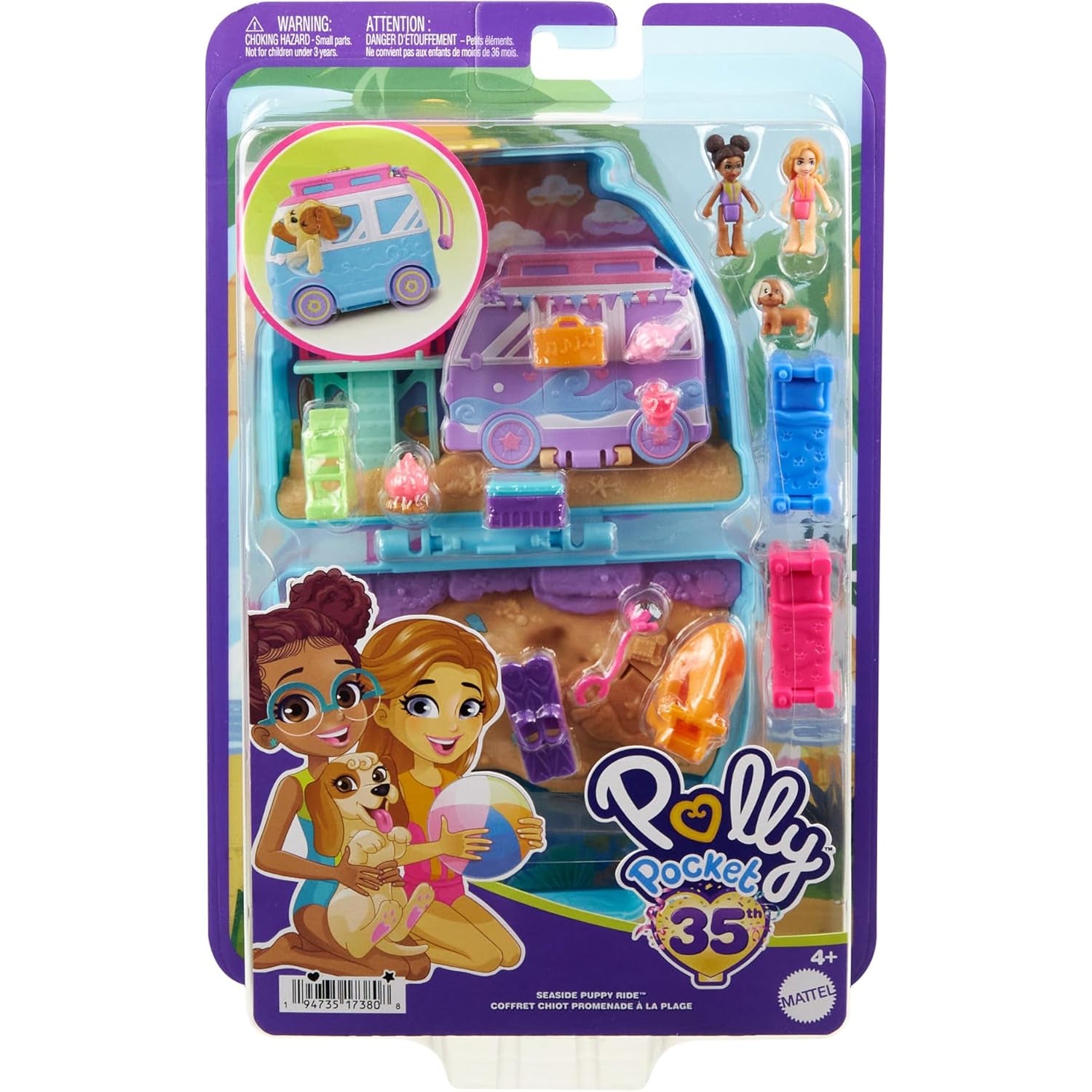 Mattel Polly Pocket Dolls & Playset, Seaside Puppy Ride Compact with 12 Accessories