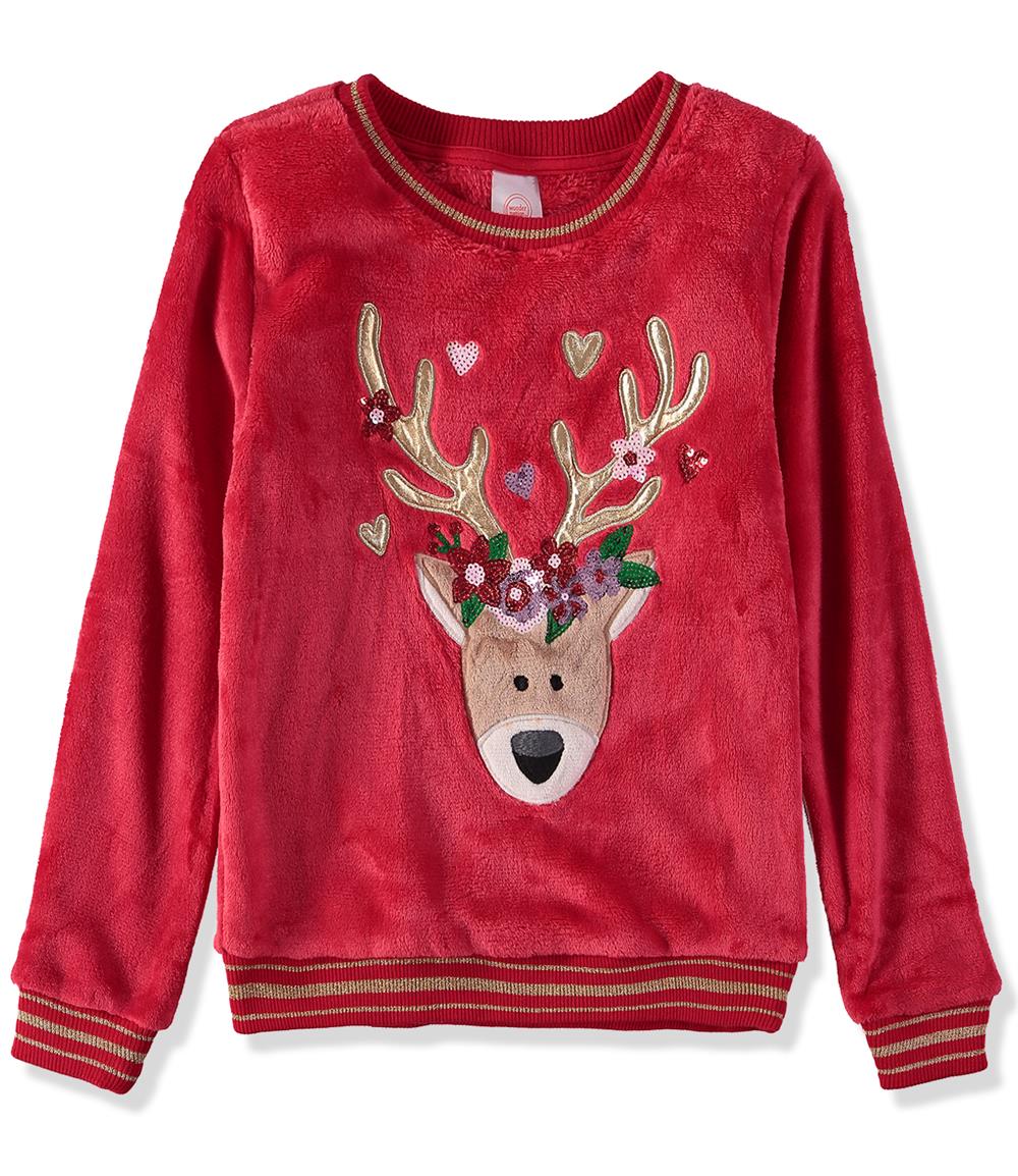 Wonder Nation Girls 7-16 Plush Embellished Crew Reindeer Sweatshirt