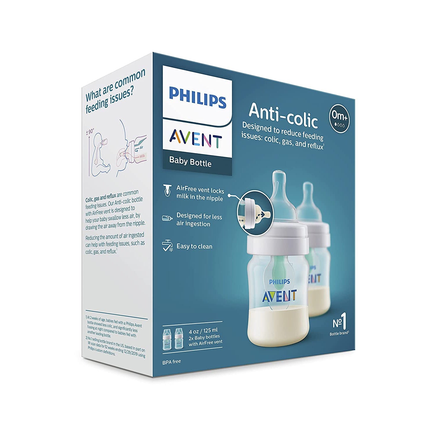 Philips Avent Anti-Colic Baby Bottle with AirFree Vent 4oz, 2 Pack