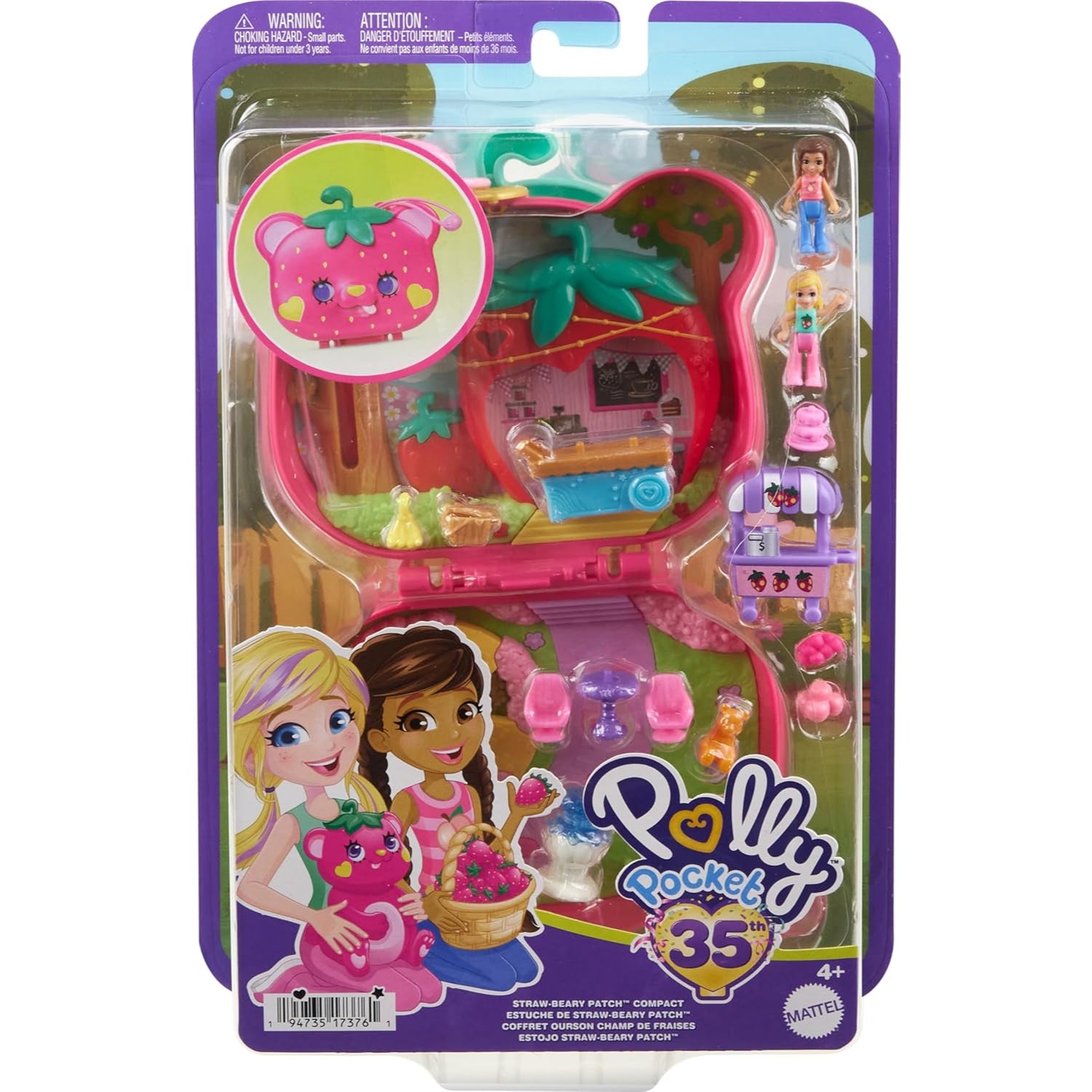 Mattel Polly Pocket Dolls & Playset, Straw-Beary Patch Compact with 2 Micro Dolls & 12 Accessories