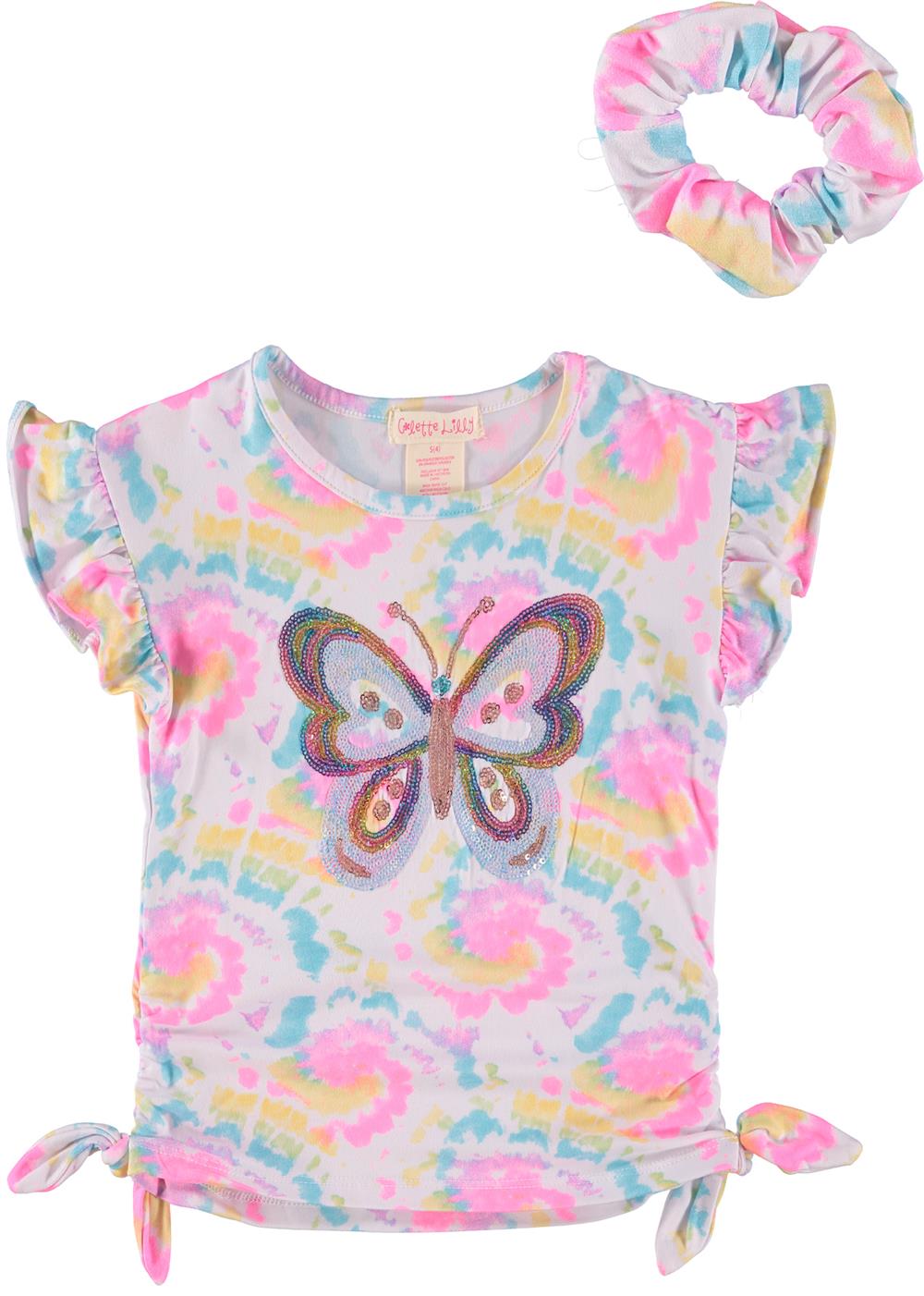 Colette Lilly Girls 4-6X Butterfly Sequin Side Cinch Top with Hair Scrunchie