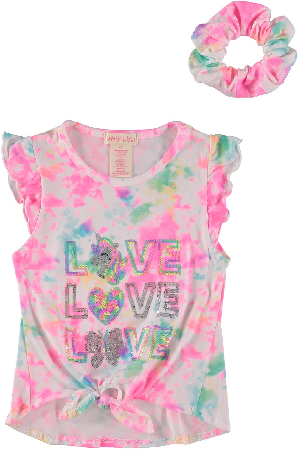 Colette Lilly Girls 2T-4T Love Sequin Front Tie Knot Top with Hair Scrunchie