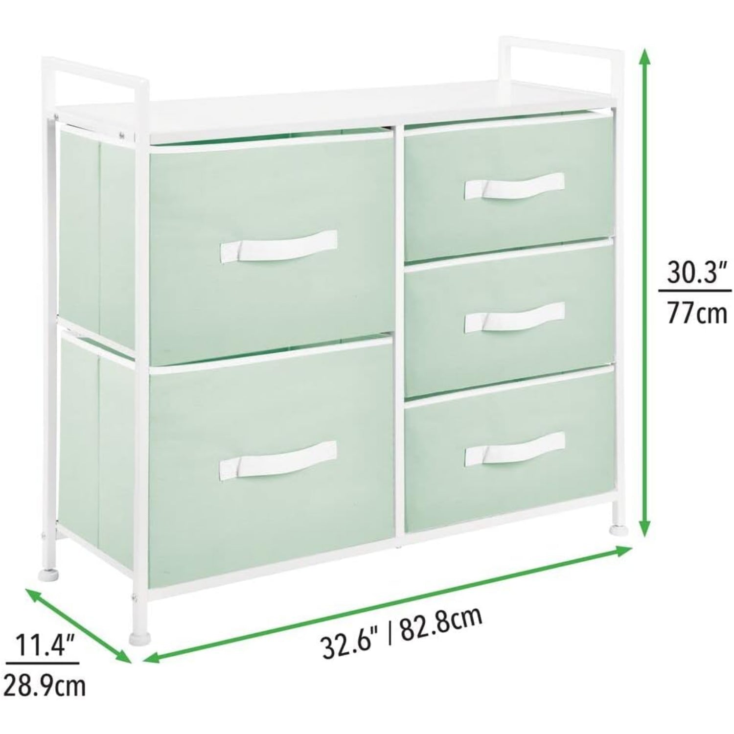 mDesign 30.03'' High Steel Frame/Wood Top Storage Dresser Furniture with 5 Draws, Mint Green/White