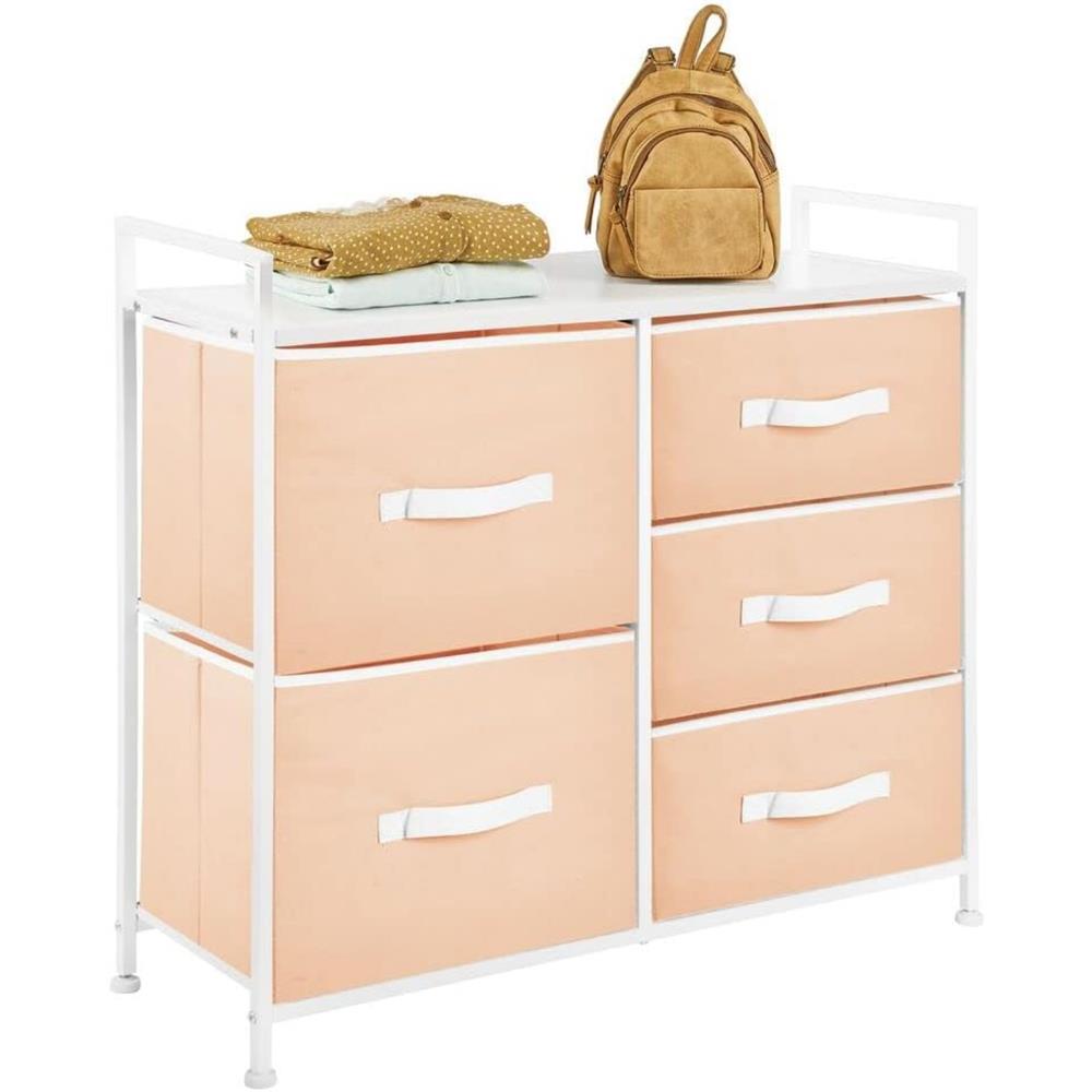 mDesign 30.03' High Steel Frame/Wood Top Storage Dresser with 5 Draws, Cantaloupe Peach/White