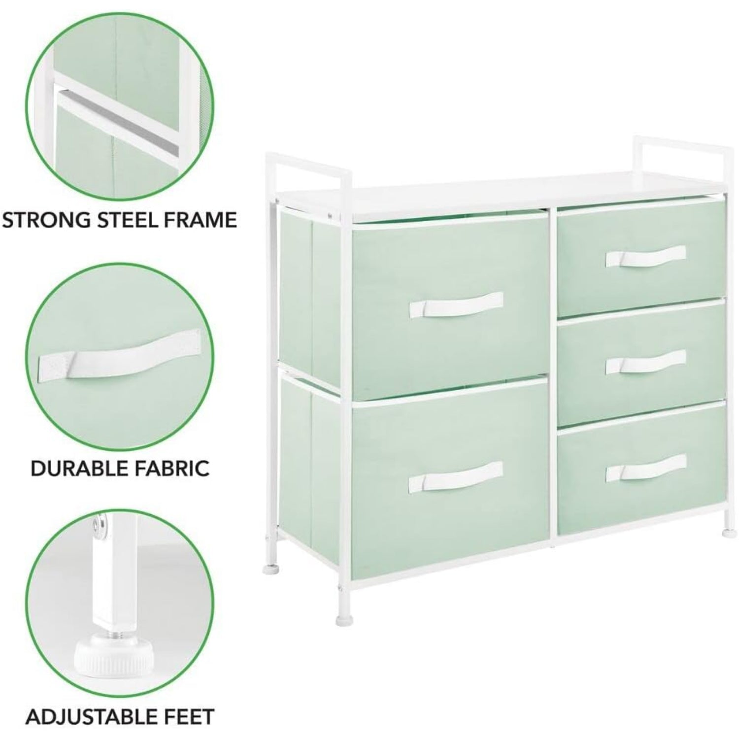 mDesign 30.03'' High Steel Frame/Wood Top Storage Dresser Furniture with 5 Draws, Mint Green/White