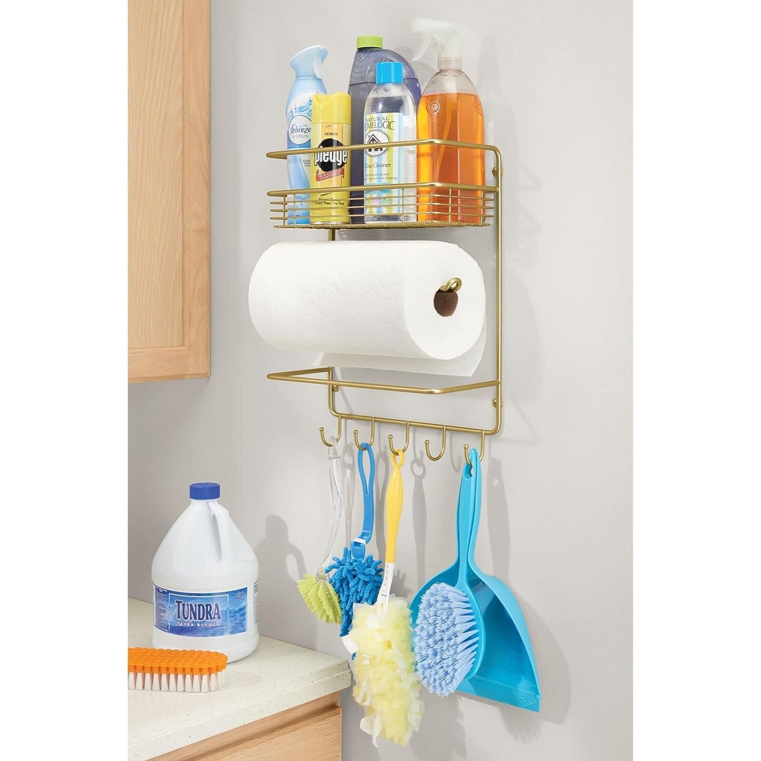 mDesign Metal Wall Mount Paper Towel Holder with Storage Shelf and Hooks - Soft Brass