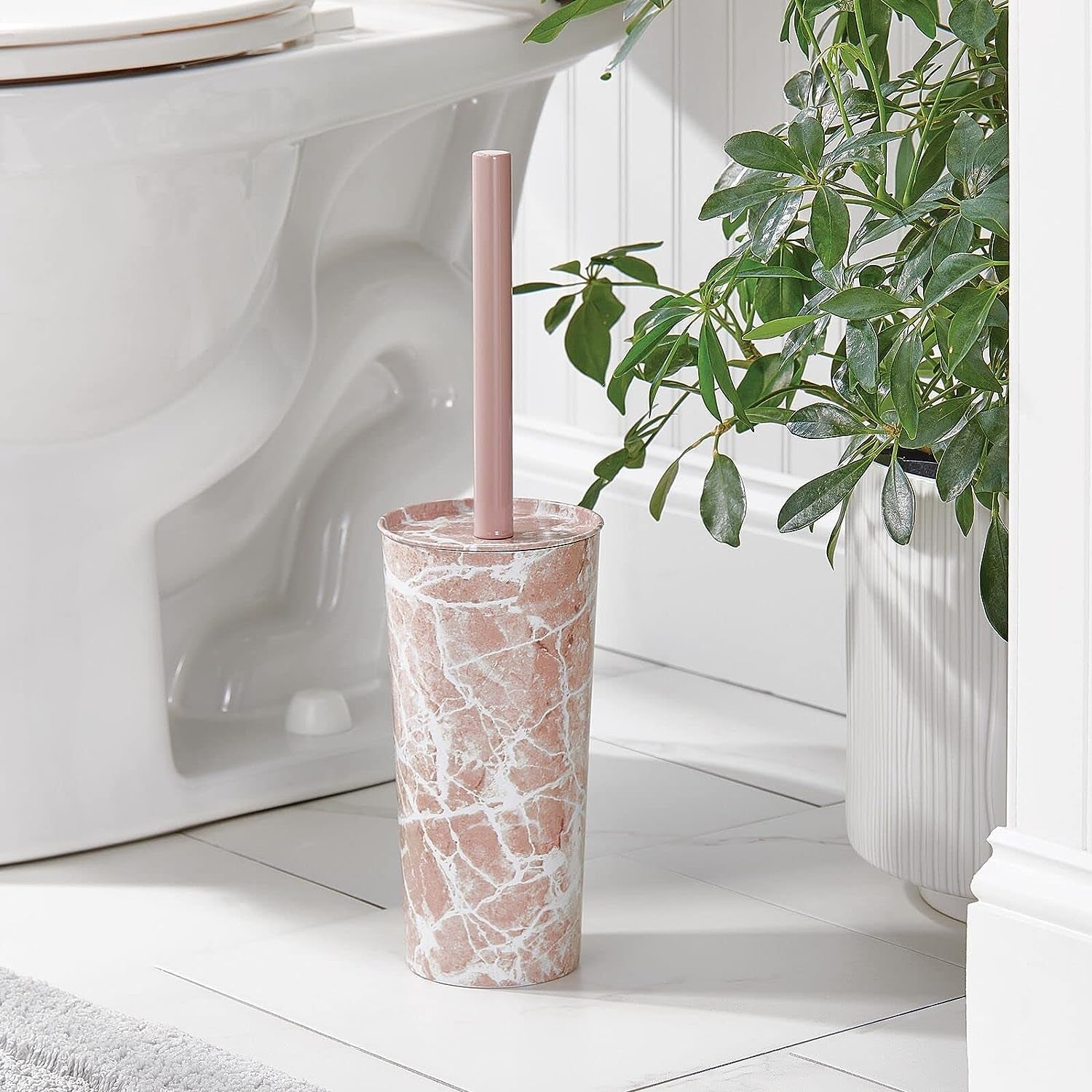 mDesign Steel Toilet Bowl Brush and Holder Combo, Mirri Collection - Pink Marble