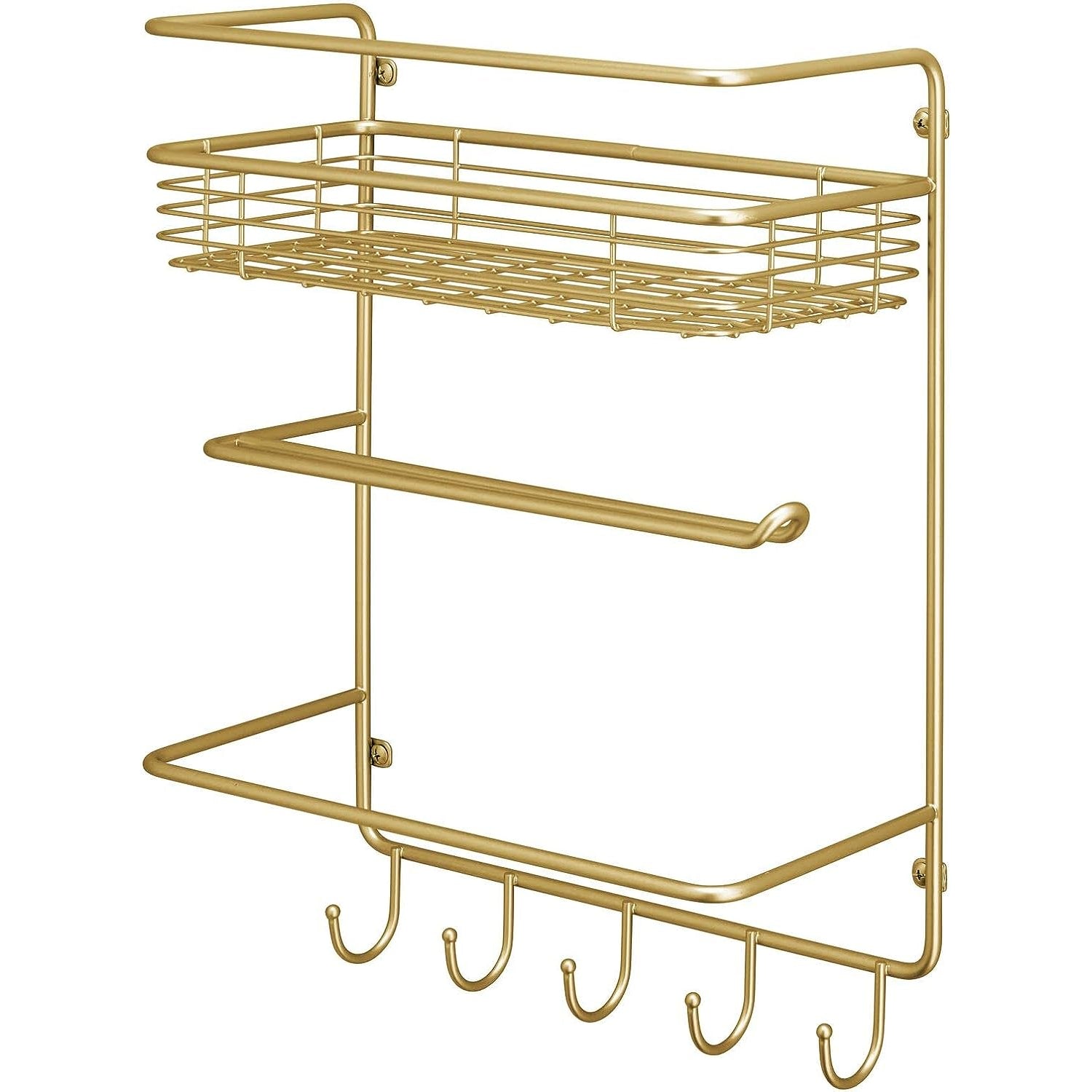 mDesign Metal Wall Mount Paper Towel Holder with Storage Shelf and Hooks - Soft Brass