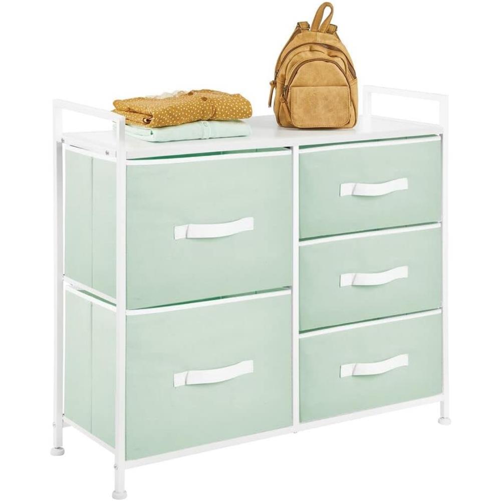 mDesign 30.03'' High Steel Frame/Wood Top Storage Dresser Furniture with 5 Draws, Mint Green/White