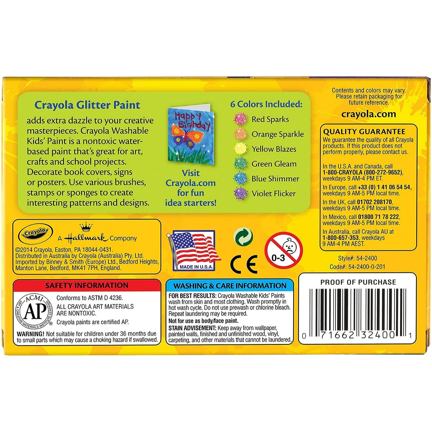 Crayola Washable Glitter Paint Great for Classroom Projects, 6 Count