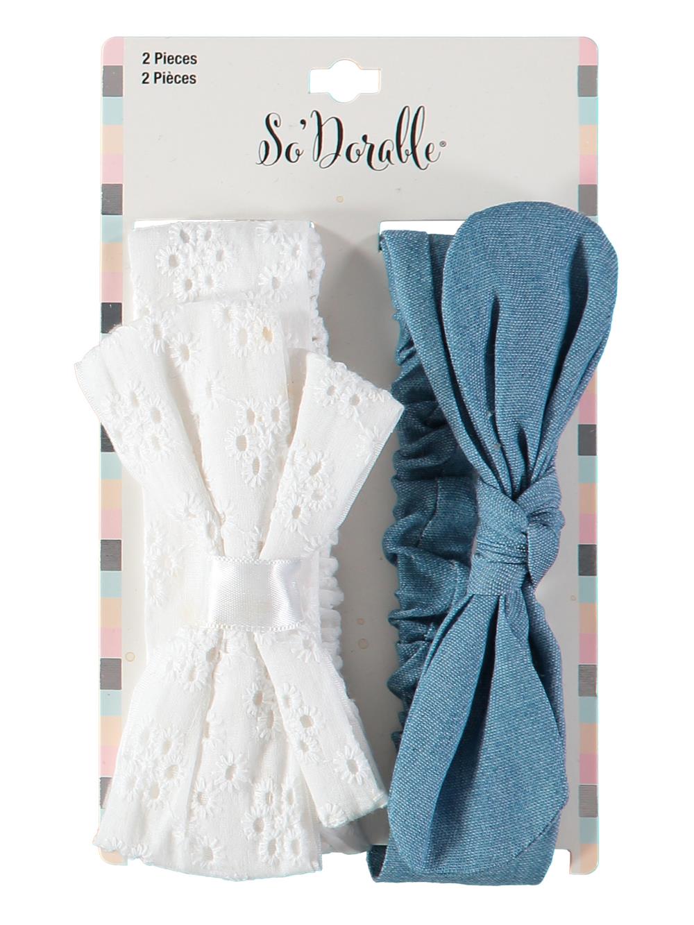 So Dorable 2 Piece Eyelet / Chambray Bow Headwrap, Denim / White