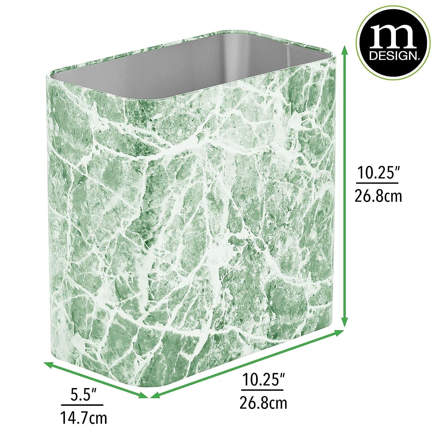 mDesign Small Metal 2.4 Gallon Trash Can Wastebasket Garbage Bin, Green Marble