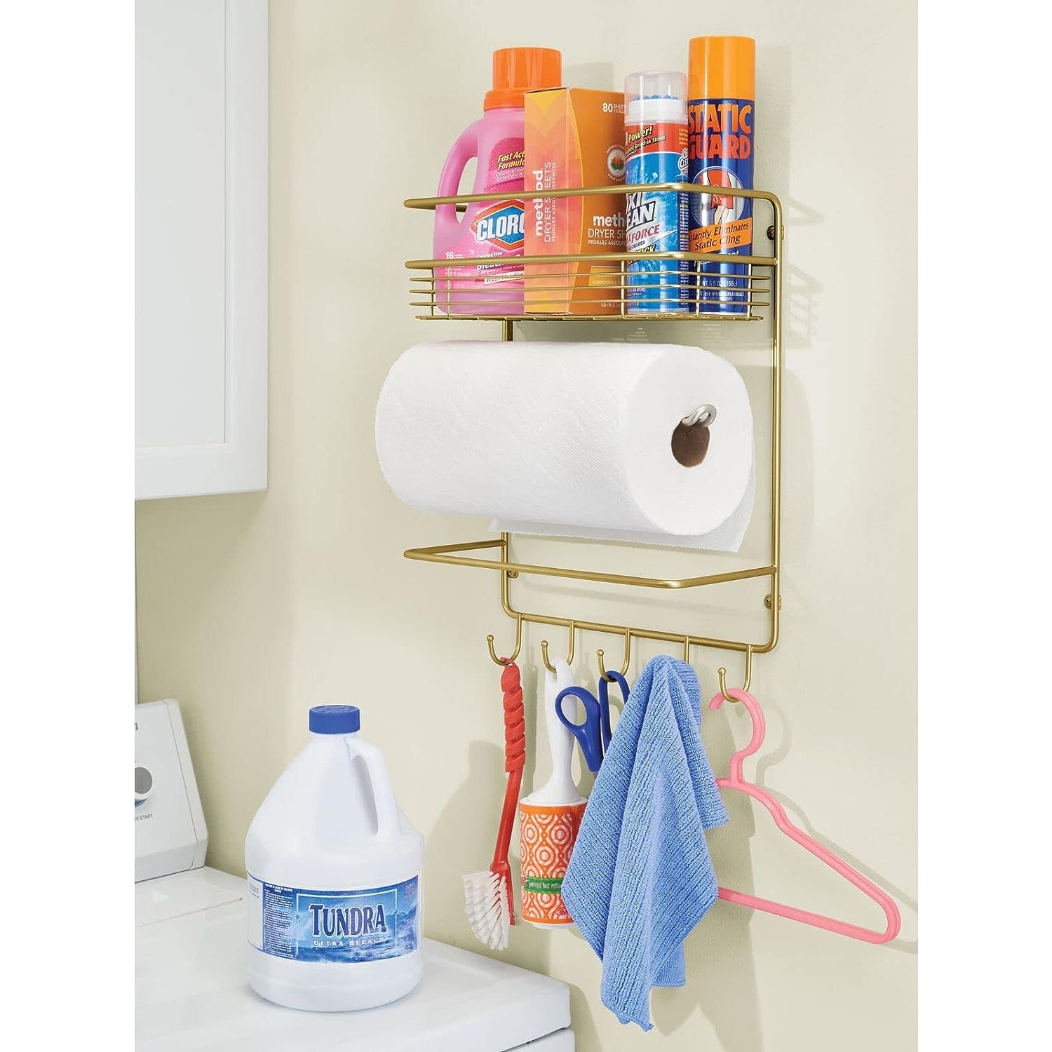 mDesign Metal Wall Mount Paper Towel Holder with Storage Shelf and Hooks - Soft Brass