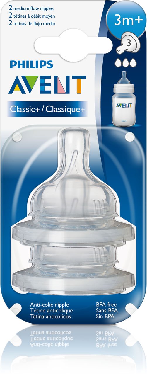 Philips Avent 2 Pack Classic Medium Flow Nipple, 3M+