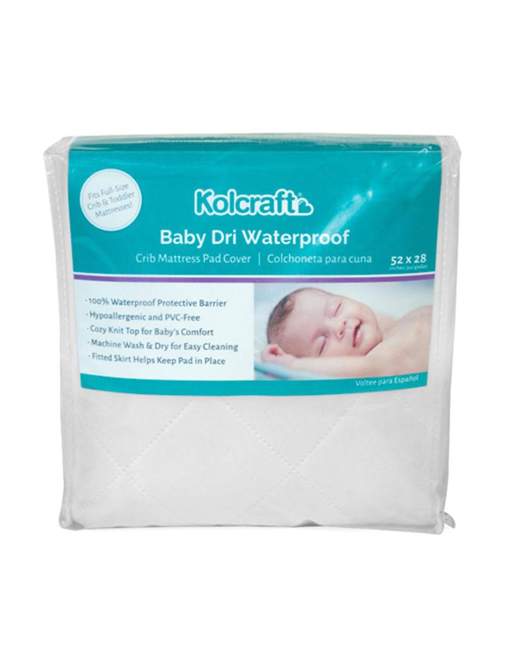 Kolcraft Baby Dri Waterproof Fitted Crib Mattress Pad Cover/Protector, White, 52'' x 28''