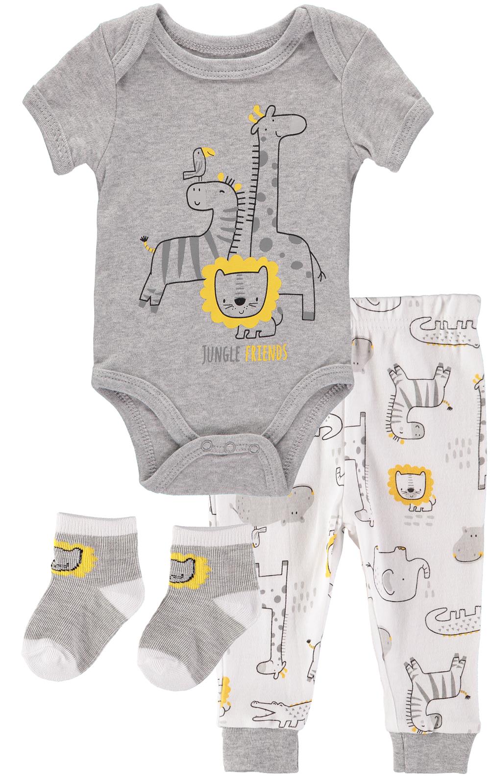 Little Joy Boys 0-9 Months Jungle Friends 3-Piece Short Sleeve Bodysuit Pant and Sock Set