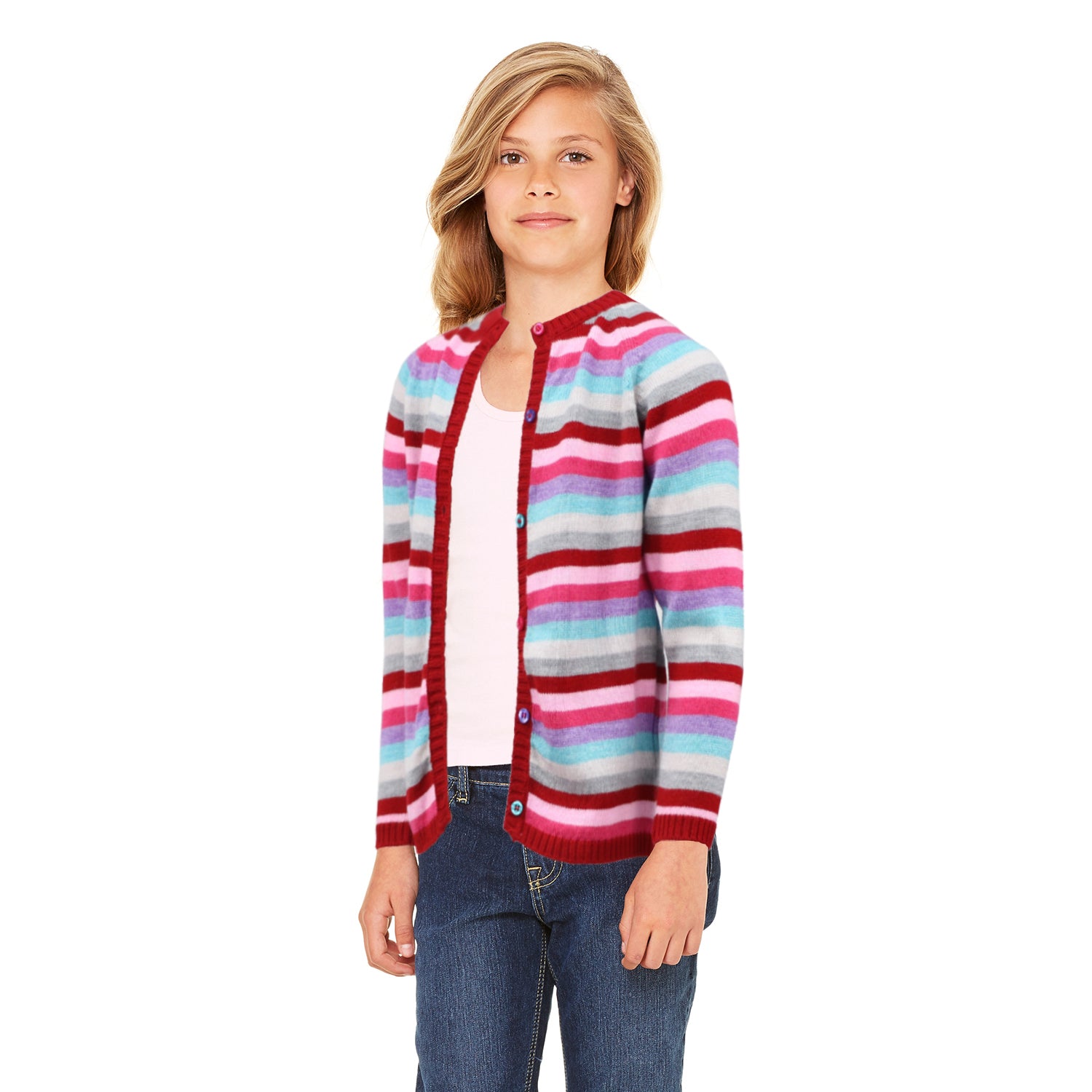 Cyndeelee Girls 2-16 Button Up Color Block Stripe Sweater Cardigan