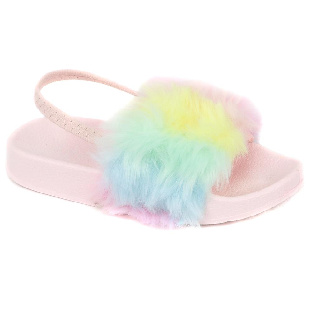 Stepping Stones Toddler Girls and Little Girls Shoe Size Rainbow Fur Slide Sandal